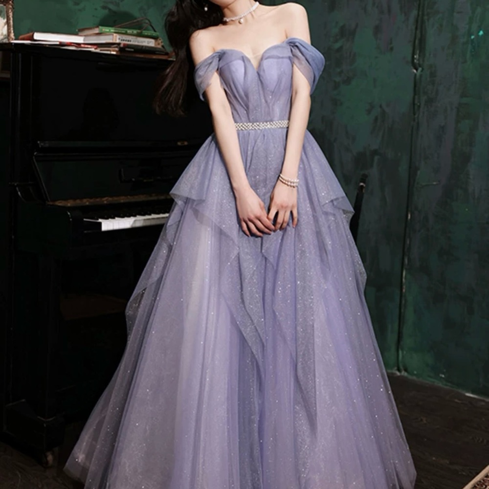 Women’s Off Shoulder Pastel Purple Mesh Ball Gown Prom Dress